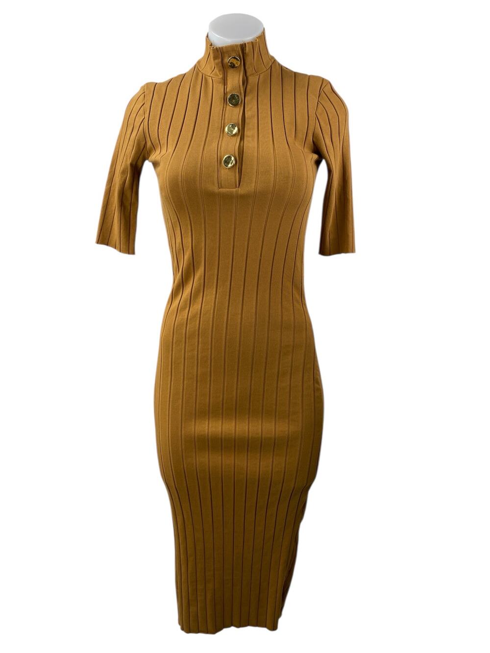 Zara Brown Ribbed Knit Mock Neck Short Sleeve Midi Bodycon Sweater Dress Size M